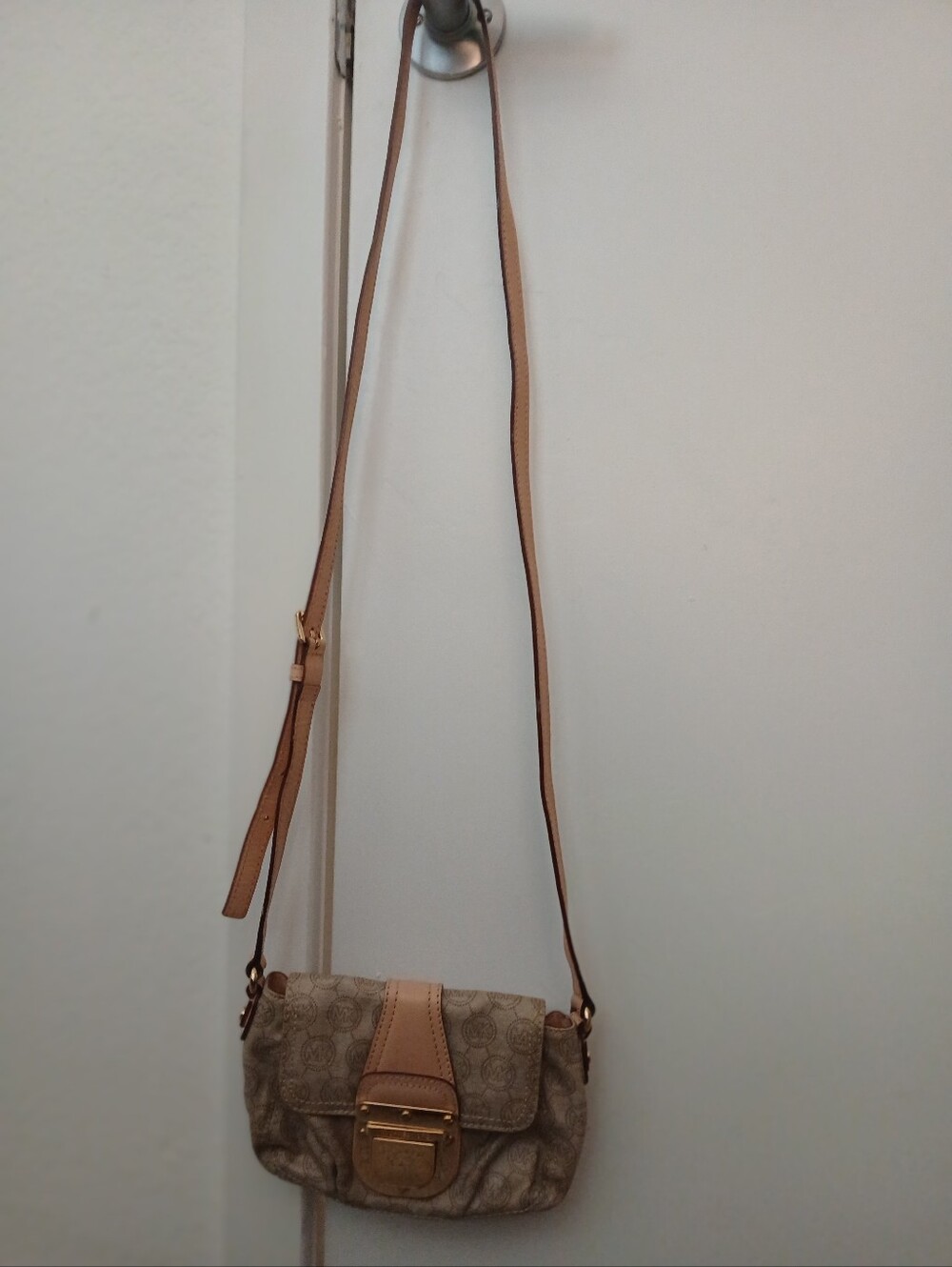 Michael Kors Beige Signature Crossbody with Gold-Tone Hardware